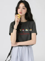 下集シリーズ｜フルーツ刺繍 半袖Tシャツ｜正肩 ゆったり グレー/ホワイト S〜XL