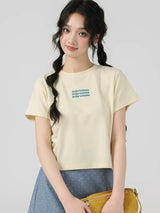 下集シリーズ｜英字ロゴ入り 正肩 半袖Tシャツ｜短め丈 コットン ベージュ/ブラック/ホワイト/グレー S〜XL