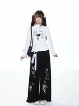 MJMTシリーズ｜うさぎプリント ハイネック 長袖Tシャツ 水玉 ホワイト/ブラック S/M/L パンツ単品あり