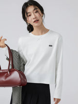 下集シリーズ｜ショート丈 長袖Tシャツ｜胸元ワッペン 薄手 綿混 6カラー S〜XL