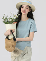 下集シリーズ｜アシンメトリーヘム 半袖Tシャツ｜短め丈 正肩 コットン ライトブルー/ホワイト/ブラック/ピンク/ベージュ S〜XL