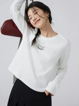下集シリーズ｜ホワイト ベアプリント 長袖Tシャツ｜薄手 短め丈 ホワイト/ブラック S〜XL
