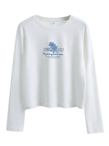 下集シリーズ｜ブルーフラワープリント 長袖Tシャツ｜コーマ綿 ゆったり 短め丈 インナー ホワイト S〜XL