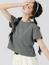 下集シリーズ｜ショート丈 半袖Tシャツ｜正肩 スリム リブ編み 無地 ヘザーグレー/ホワイト/ブラック/ベージュ S〜XL