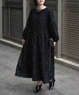 ブラックのジャカード ロングワンピース 着用 全身