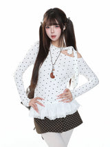 MJMTシリーズ｜ドット柄 オフショルダー風 長袖Tシャツ リボン フリル裾 ブラック/ホワイト S/M/L