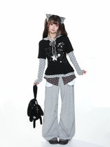 MJMTシリーズ｜スター柄 レイヤード風 ワイドパンツ 秋 ハイウエスト ゆったり グレー S/M/L