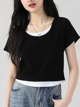 下集シリーズ｜ブラック フェイクレイヤード 半袖Tシャツ｜正肩 ショート丈 ネイビー/ブラック/ホワイト/イエロー S〜XL