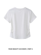 下集シリーズ｜サイドシャーリング 半袖Tシャツ｜リブ編み 短め丈 スリム ホワイト/パープル/ベージュ/ライトグレーブルー S〜XL