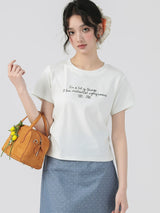 下集シリーズ｜サイドシャーリング 英字プリント 半袖Tシャツ｜リブ編み 短め丈 スリム ホワイト/パープル/ライトグレーブルー S〜XL