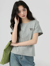 下集シリーズ｜ワンポイント刺繍 半袖Tシャツ｜正肩 ゆったり 短め丈 ヒースグレー/ブルー/クリームイエロー S〜XL