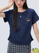 下集シリーズ｜ワンポイント刺繍 サイドシャーリング 半袖Tシャツ｜正肩 短め丈 2カラー S〜XL