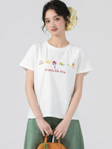 下集シリーズ｜フルーツ刺繍 半袖Tシャツ｜正肩 ゆったり 2カラー S〜XL