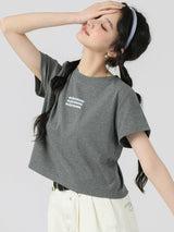 下集シリーズ｜英字ロゴ入り 正肩 半袖Tシャツ｜短め丈 コットン ヘザーグレー/ブラック/ホワイト/ベージュ S〜XL