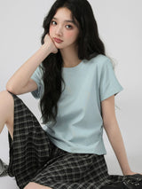 下集シリーズ｜サイドシャーリング 半袖Tシャツ｜リブ編み 短め丈 スリム ライトグレーブルー/パープル/ホワイト S〜XL