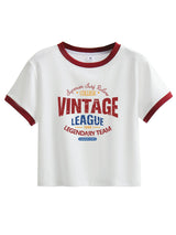 下集シリーズ｜バーシティ風ロゴプリント リンガーTシャツ｜レッドトリム 短め丈 スリム ホワイト S〜XL