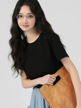 下集シリーズ｜ブラック 正肩 半袖Tシャツ｜無地 コットン ゆったり 短め丈 5カラー S〜XL