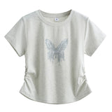 下集シリーズ｜バタフライ他 プリント・無地 半袖Tシャツ｜正肩 スリム 短め丈 17タイプ S〜XL