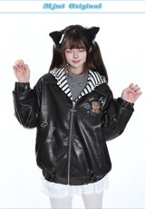 フェイクレザー ストライプフード付きブルゾン 詳細・着用イメージ 5