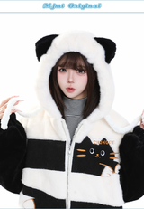パンダ配色 フード付き 中綿ジャケット ディテール・着用イメージ 6