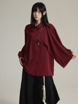 FG721シリーズ｜ハイネック リボンスカーフ付き フリル アシンメトリー 長袖シャツ｜ゆったり 男女兼用 ホワイト・ワインレッド S〜XL