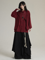 FG721シリーズ｜ハイネック リボンスカーフ付き フリル アシンメトリー 長袖シャツ｜ゆったり 男女兼用 ホワイト・ワインレッド S〜XL