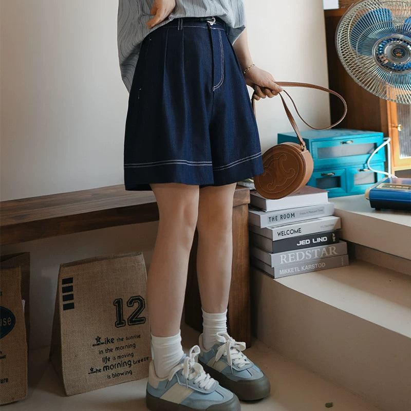 陽光蘿莎シリーズ｜デニム ハーフパンツ｜ハイウエスト ワイド ダークブルー M〜2XL