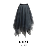 GUYIシリーズ｜アシンメトリー ロングシャツワンピース｜ブラック ノースリーブ 半袖 ウエストリボン