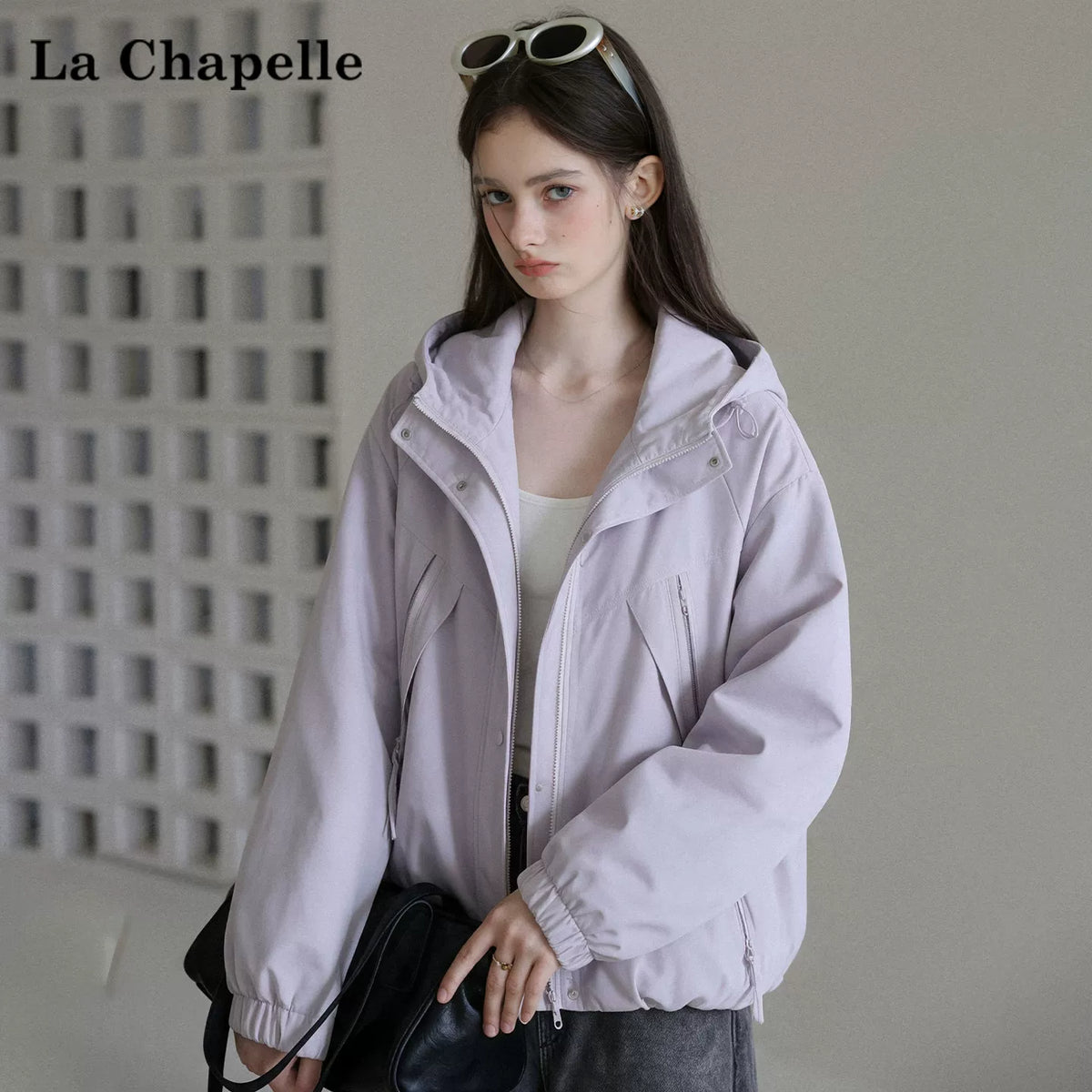 LaCシリーズ｜フード付き スタンドカラー ショートジャケット｜ライラックパープル ジップ×スナップ ゆったり S〜L