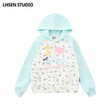 LHSENシリーズ｜総柄 ねこ ラグランスリーブ ジップパーカー｜ピンク・ブルー ゆったり S〜XL