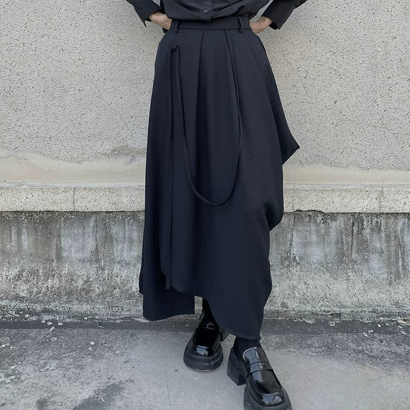 GUYIシリーズ｜アシンメトリー ロングスカート｜タック入り ストラップ付き ブラック フリーサイズ