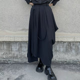 GUYIシリーズ｜アシンメトリー ロングスカート｜タック入り ストラップ付き ブラック フリーサイズ