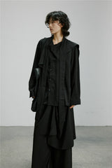 SUNYVONNEシリーズ｜アシンメトリー リボンタイ 長袖シャツ｜織り柄 ドレープ ゆったり ブラック・ブラウン・オフホワイト M〜XL