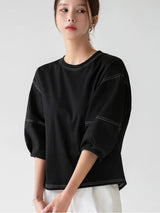 左品シリーズ｜コットン 中袖Tシャツ｜ゆったり ステッチ入り ふんわり袖 ホワイト他 全3色 M〜XL