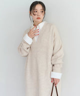 HANSUシリーズ｜Vネック ニットロングワンピース｜ゆったり 長袖 ロング丈 ブラック・オートミール フリーサイズ
