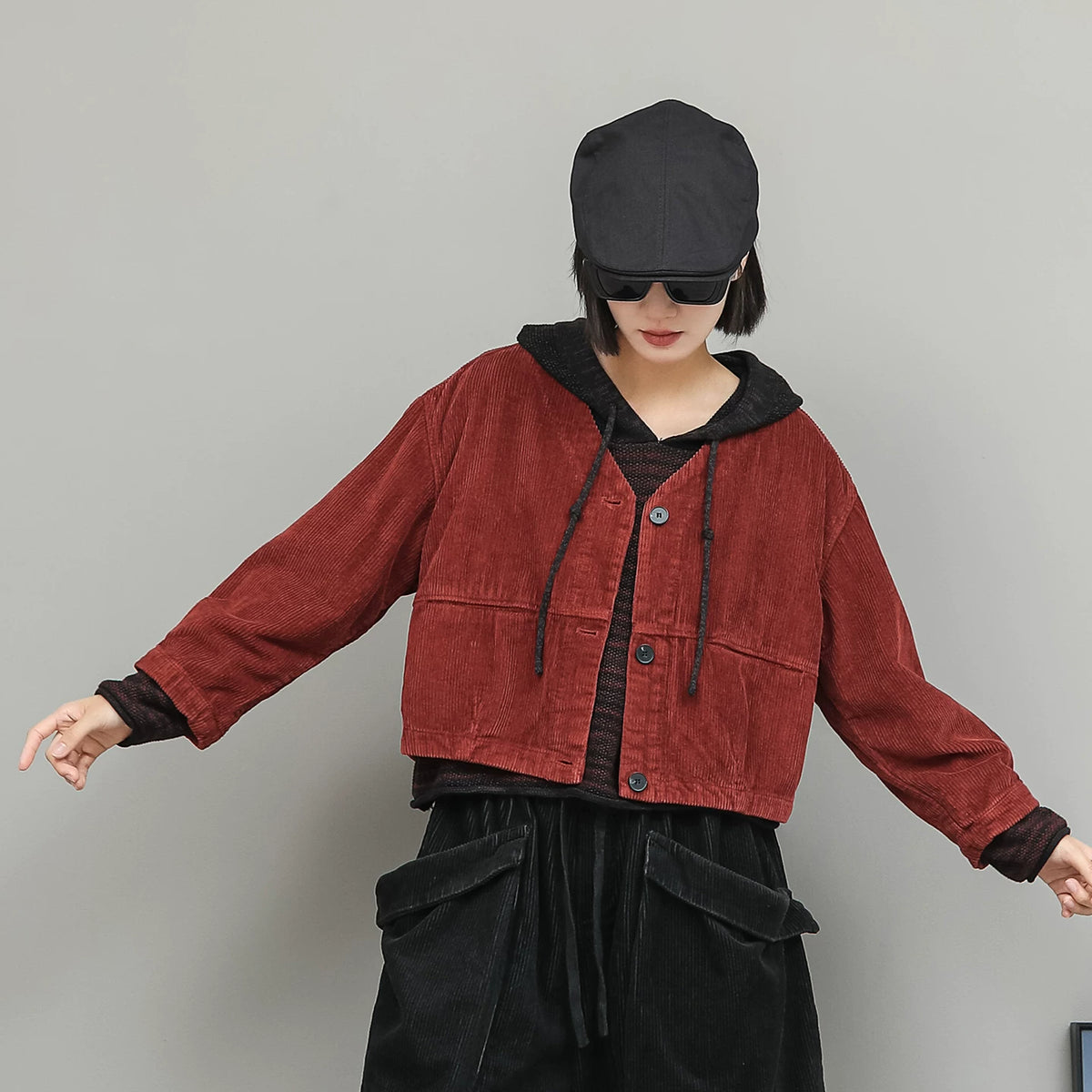 格林曼シリーズ｜コーデュロイ ショートジャケット＋ワイドパンツ セットアップ｜太畝 フラップポケット 七分丈 秋 フリー