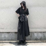 GUYIシリーズ｜アシンメトリー 重ね着風 ロングシャツワンピース｜ブラック 長袖 半袖 ベルト付き選択可
