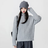 孜索シリーズ｜ハイネック 縦畝ニットセーター｜ゆったり ドロップショルダー ライトグレー S〜L