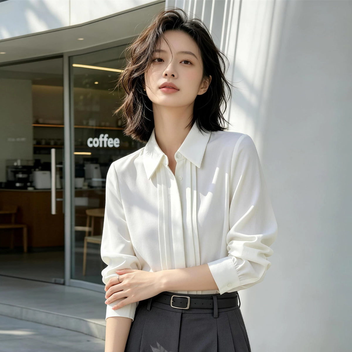 不造作シリーズ｜ホワイト シフォン調シャツ｜フロントタック 長袖 折り襟 ゆったり 通勤 S〜2XL