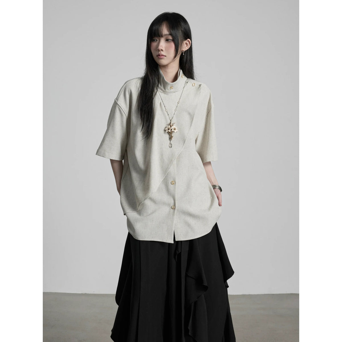 FG721シリーズ｜スタンドカラー 半袖シャツ｜ゆったり ミニマル 男女兼用 グリーン・ブラック M〜XL セットアップ選択可