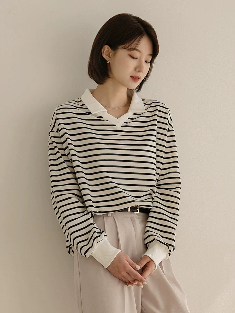 左品シリーズ｜コットン100% ポロ襟 ボーダー長袖Tシャツ｜Vネック 配色袖口 ゆったり ブラック×クリーム M〜XL