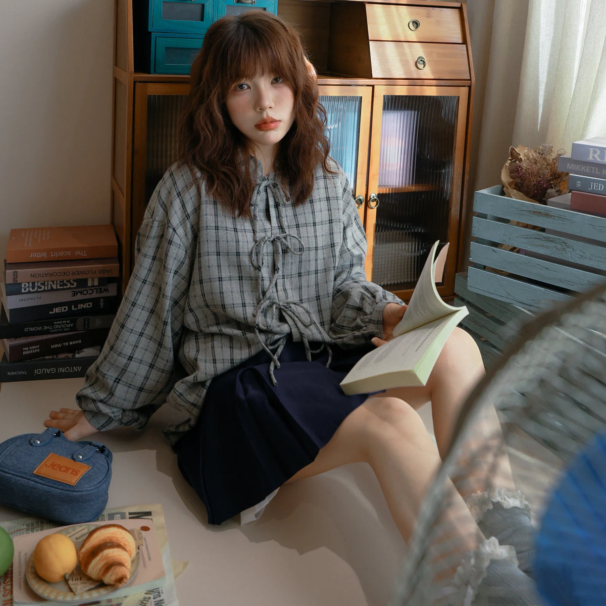 陽光蘿莎シリーズ｜リボン結び チェック柄 長袖シャツ｜ゆったり 後ろ長め グレー M〜XL
