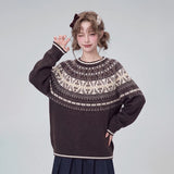 不必討好シリーズ｜フェアアイル柄 クルーネック ニットセーター｜ゆったり ダークブラウン M〜XL