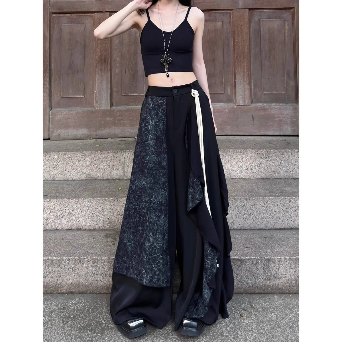 FG721シリーズ｜ブラック ダブルレイヤー ワイドパンツ アシンメトリー 裾広がり ユニセックス S/M/L/XL