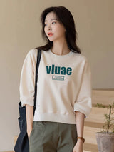 左品シリーズ｜コットン クルーネック 中袖Tシャツ｜ショート丈 ゆったり ロゴプリント（vluae）8柄 M〜XL