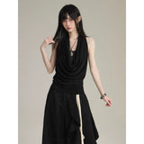 FG721シリーズ｜ドレープネック ホルタートップス フリルワイドパンツ セットアップ グレー・ブラック M/L/XL