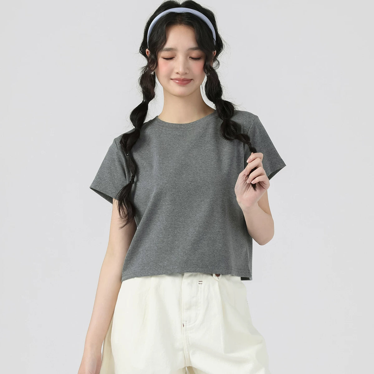 下集シリーズ｜ショート丈 半袖Tシャツ｜正肩 スリム リブ編み 無地 ブラック/ホワイト/ヘザーグレー/ベージュ S〜XL