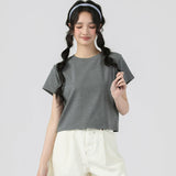 下集シリーズ｜ショート丈 半袖Tシャツ｜正肩 スリム リブ編み 無地 ブラック/ホワイト/ヘザーグレー/ベージュ S〜XL