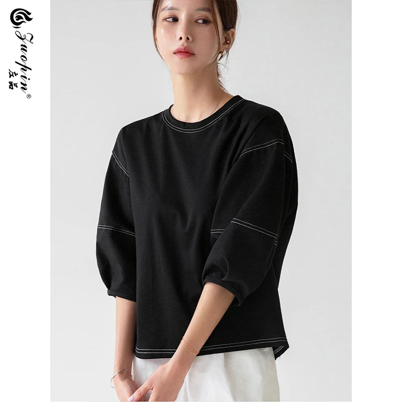 左品シリーズ｜ステッチ入り ショート丈トップス｜ふんわり五分袖 ゆったり ブラック他2色 M〜XL