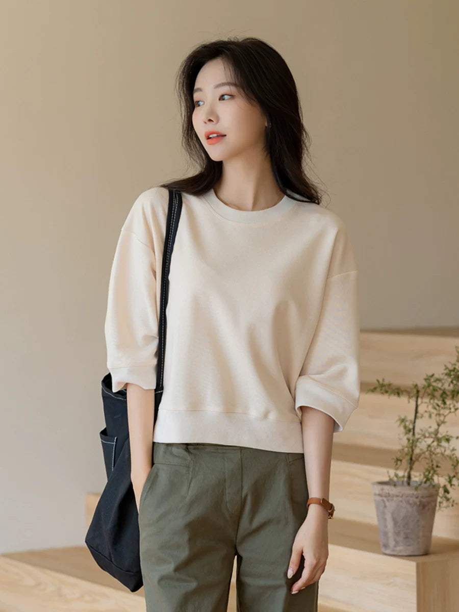 左品シリーズ｜コットン100% クルーネック 七分袖 プリントTシャツ｜ゆったり ドロップショルダー クリーム 6柄 M〜XL